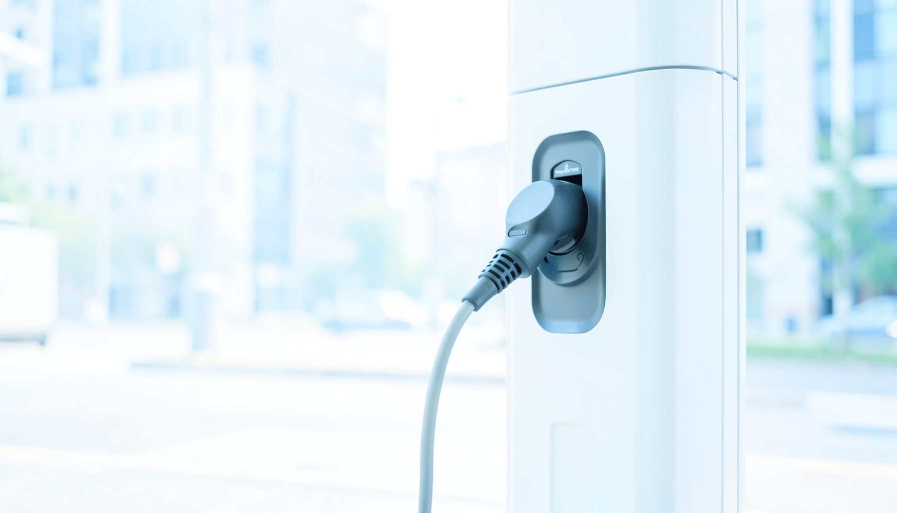 Bright, airy photograph of a modern electric vehicle charging station with a sleek connector cable, set against a clean white and silver backdrop