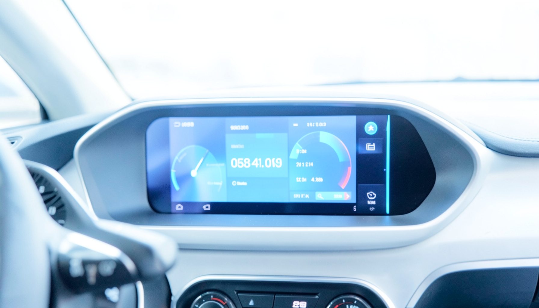 Bright, airy photograph of a modern electric vehicle dashboard display showing charging data and energy flow metrics, white and silver tones
