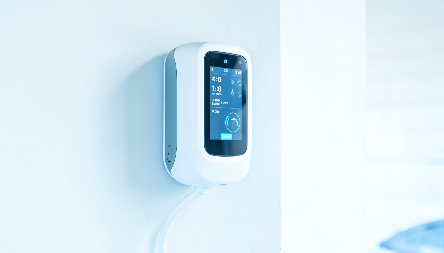 Clean, high-key photograph of a wall-mounted EV charger with an illuminated display screen showing charging status, set against a bright interior wall