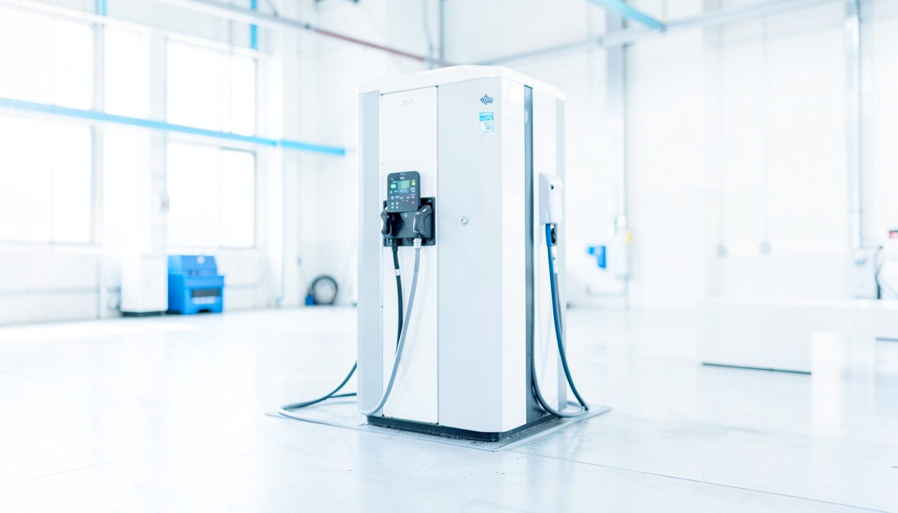 Bright, airy photograph of an electric vehicle charging station in a clean industrial service bay, white and silver tones