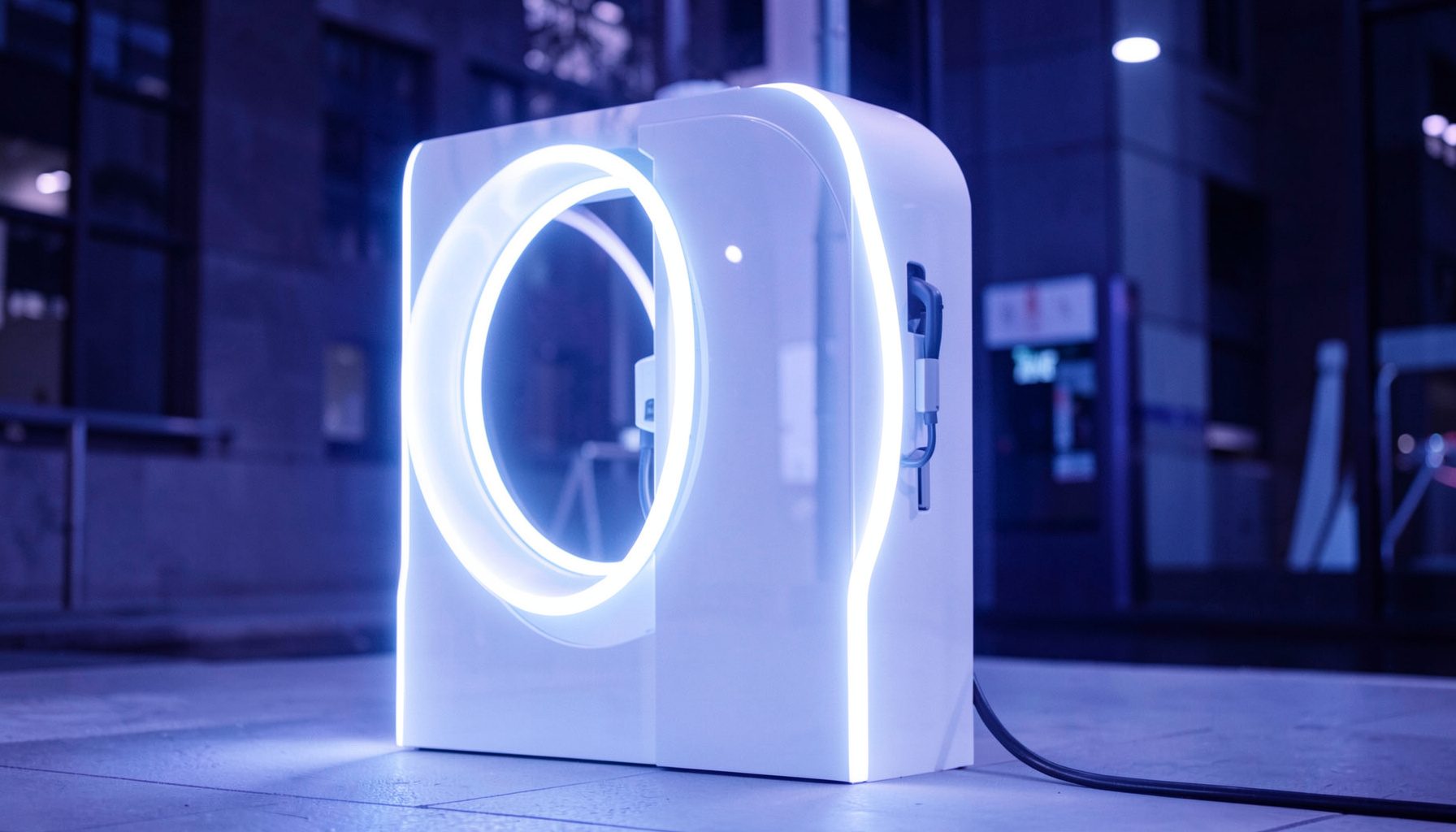 Modern electric vehicle charging station with glowing LED ring against a dark urban backdrop, deep purple and navy tones