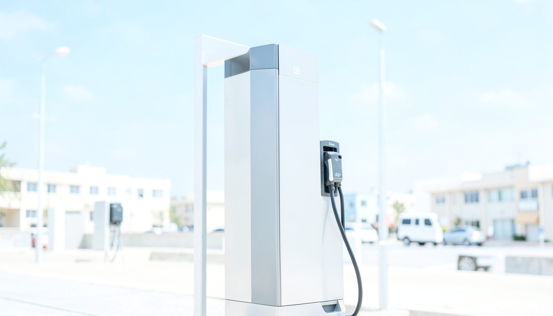 Bright, airy photograph of a modern electric vehicle charging station in an urban setting, clean white and silver tones with a charging cable visible